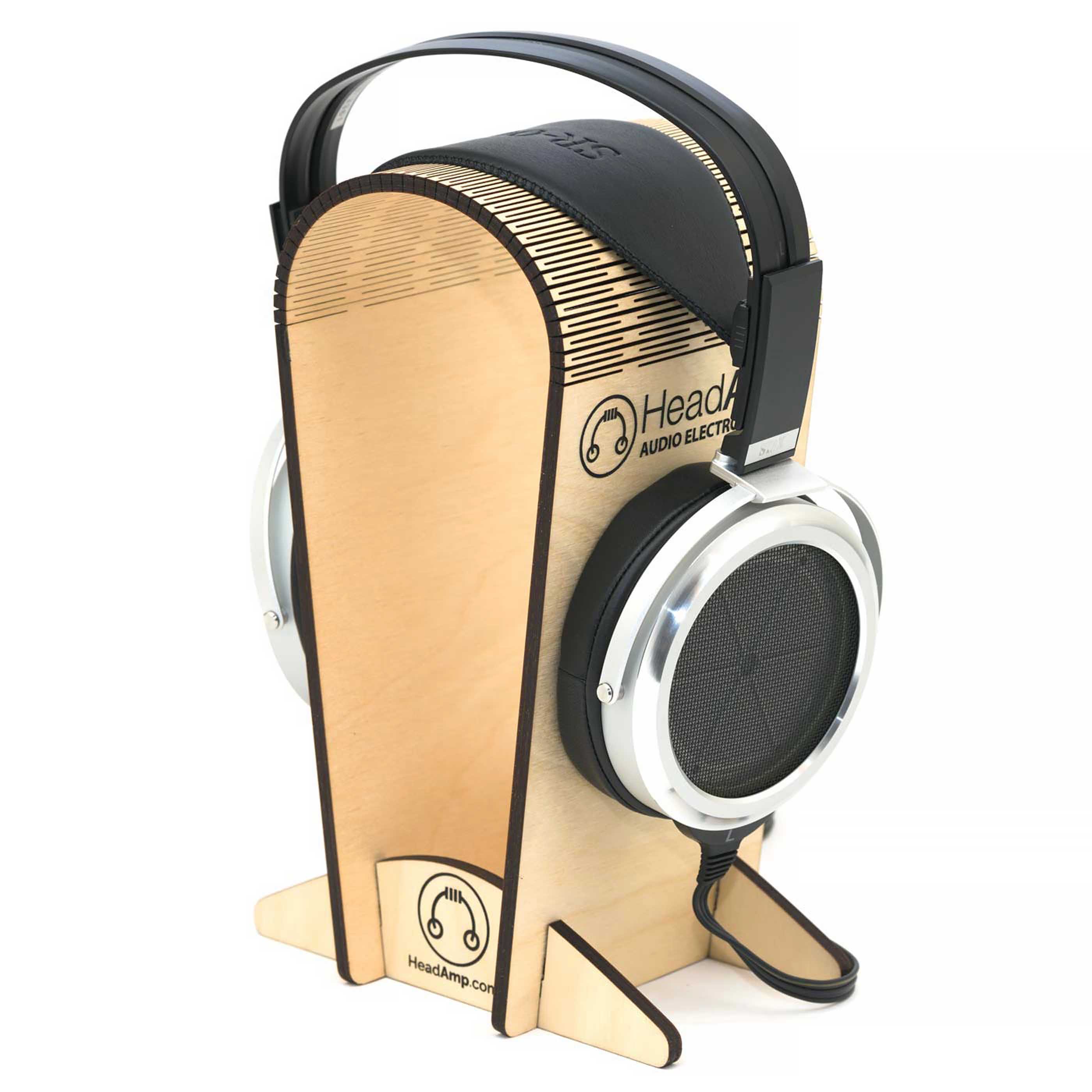 STAX SR-009 Open-Back Electrostatic Headphones displayed on a wooden headphone stand with black cable attached