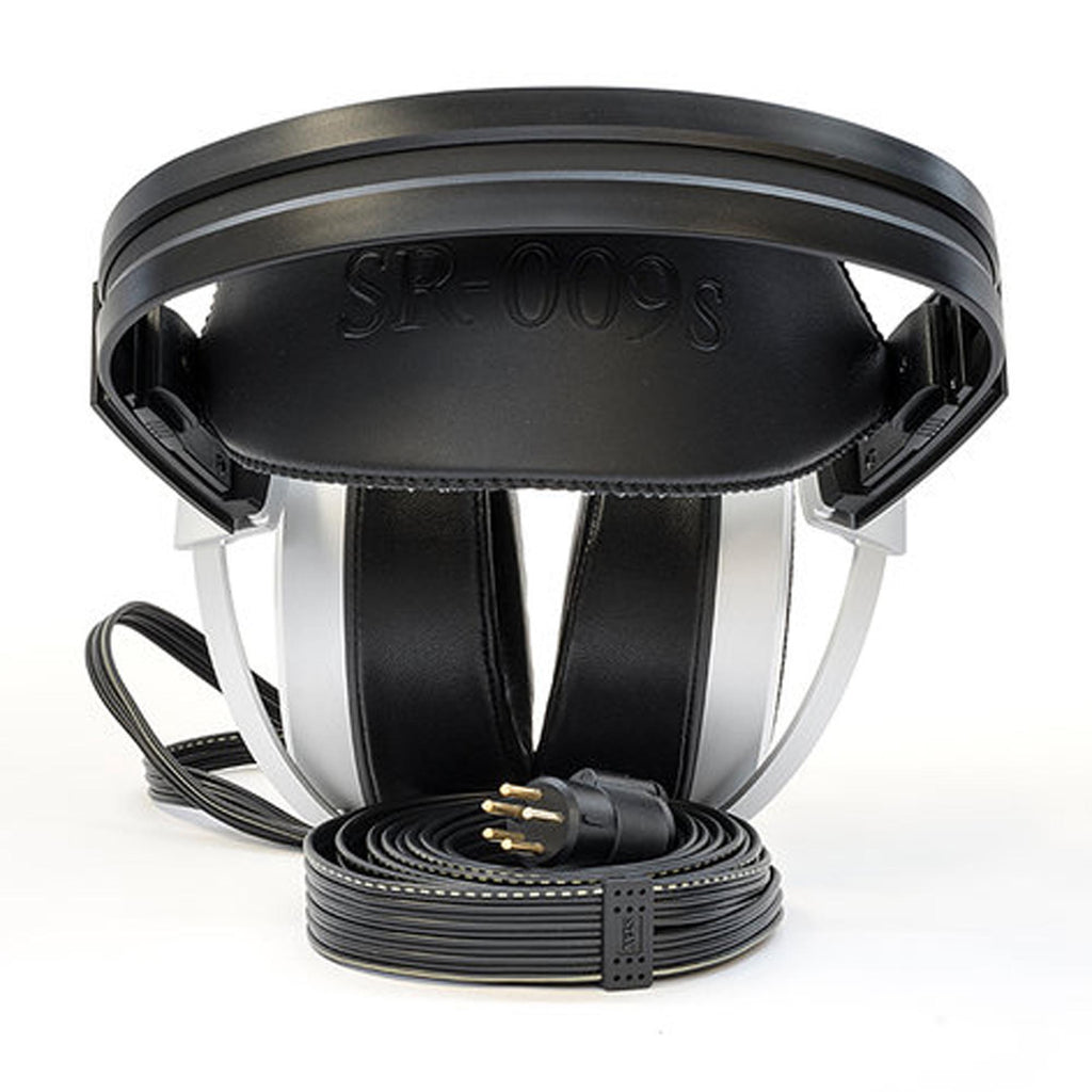 Front view of STAX SR-009S Open-Back Electrostatic Headphones with coiled cable and three-pin connector on white background