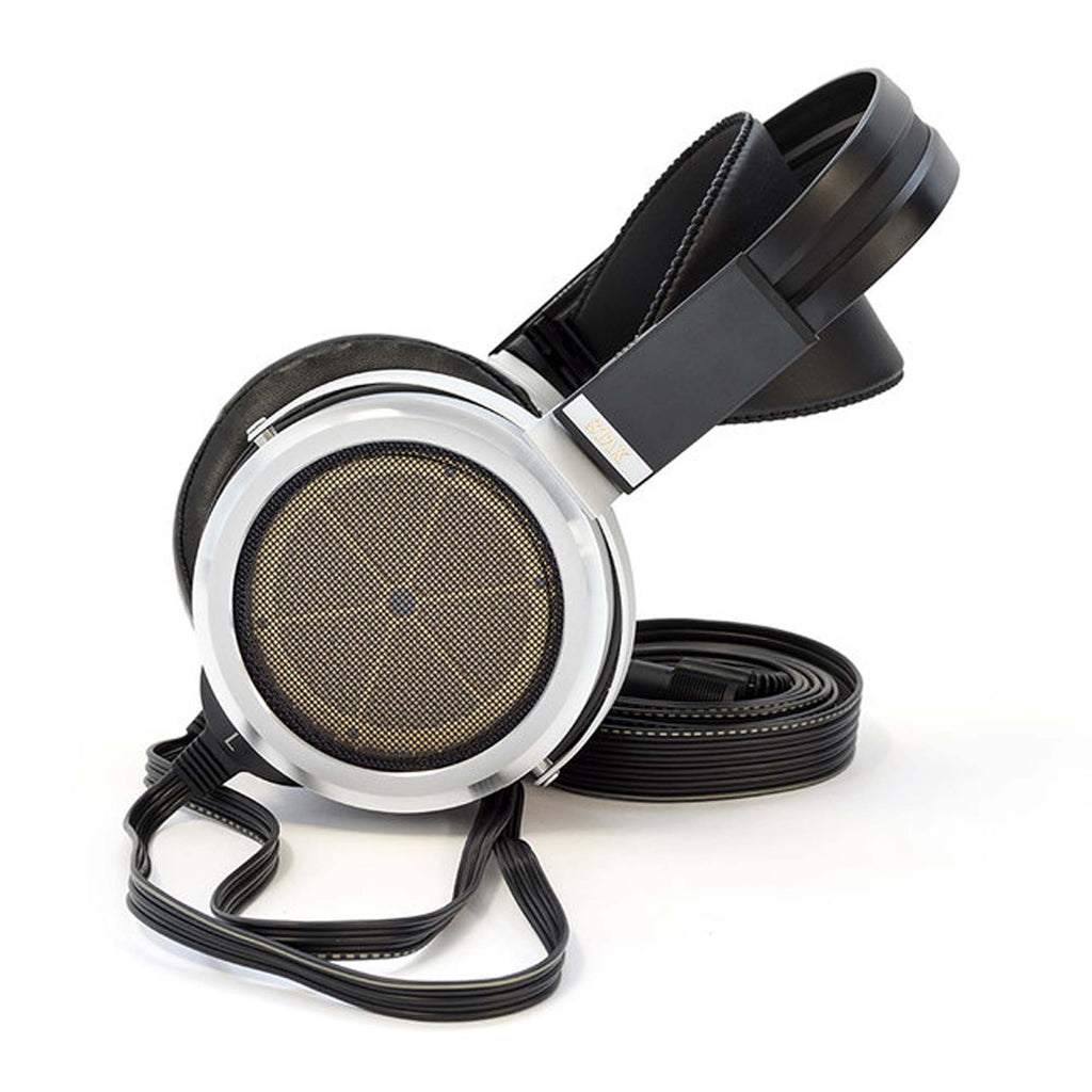 STAX SR-009S Open-Back Electrostatic Headphones with silver ear cups and coiled black cable on white background