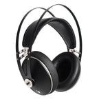 Black Meze 99 Neo closed back headphones with cushioned ear cups and sleek metal frame, designed for rich bass and midrange sound.