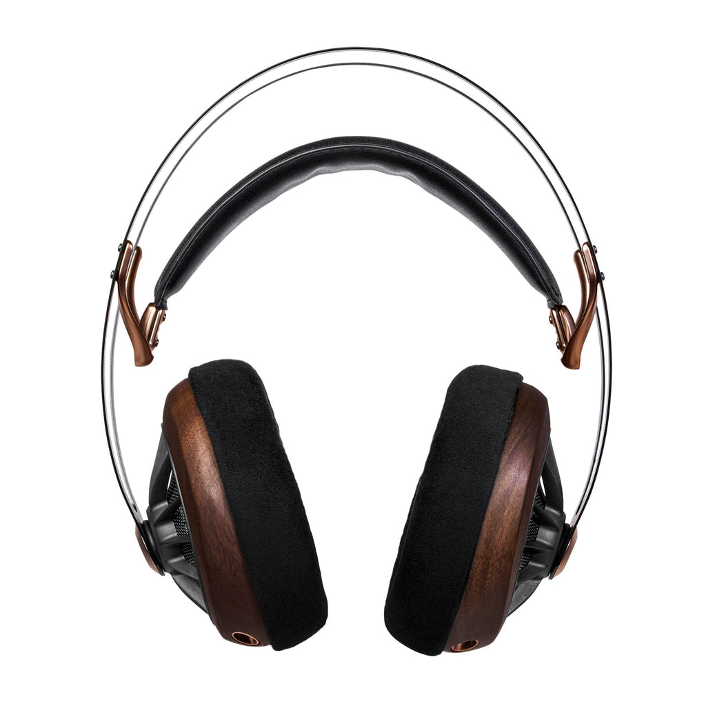 Meze 109 Pro Dynamic Open-Back Headphones with wood ear cups and black cushioned padding on white background