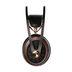 Top view of Meze 109 Pro Dynamic Open-Back Headphones showing wood ear cup and metal headband design