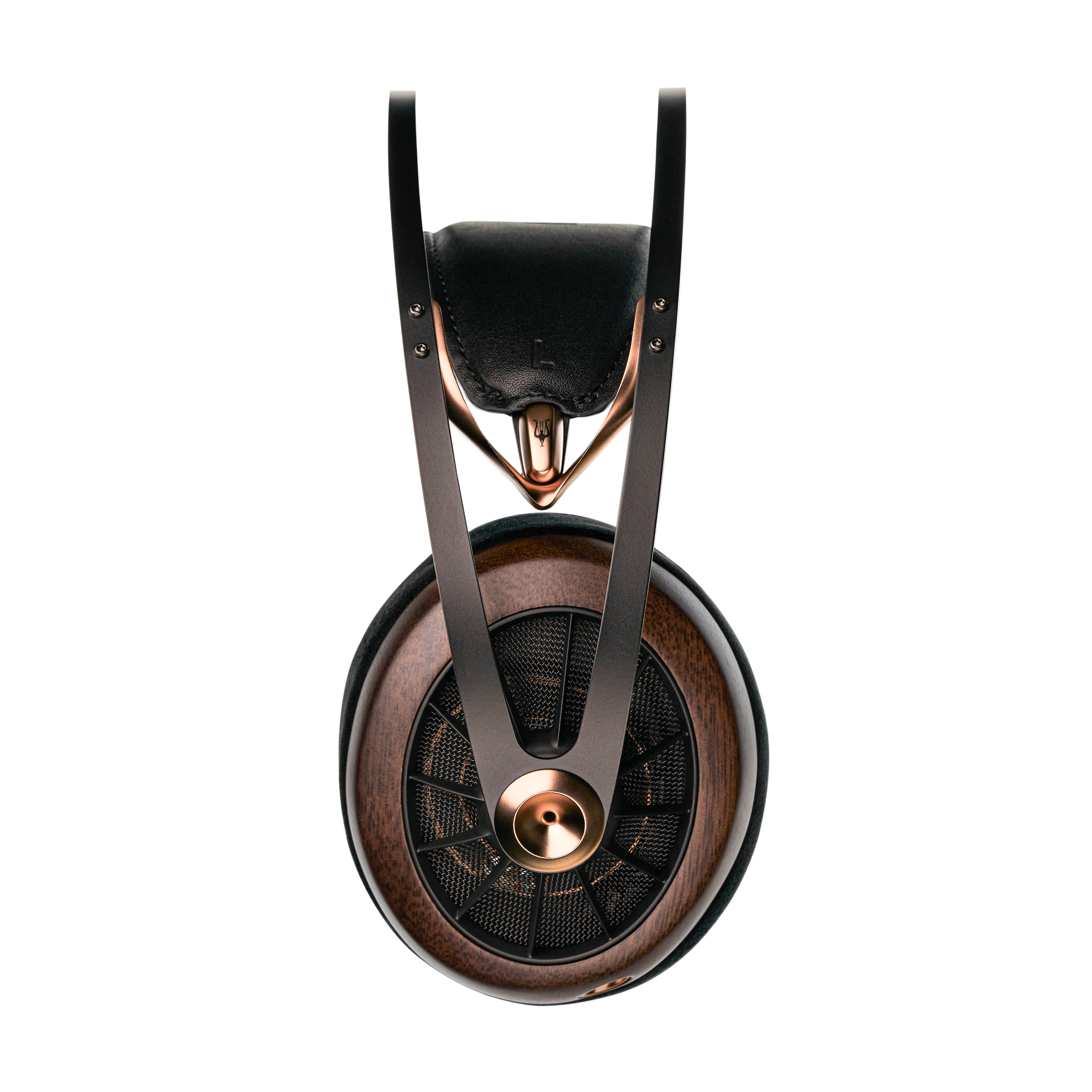 Top view of Meze 109 Pro Dynamic Open-Back Headphones showing wood ear cup and metal headband design