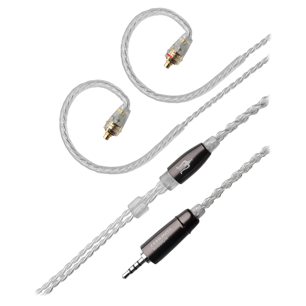 Meze MMCX Silver Plated Upgrade Cable for Rai Penta / Advar with braided silver-plated wire and metal connectors on white background