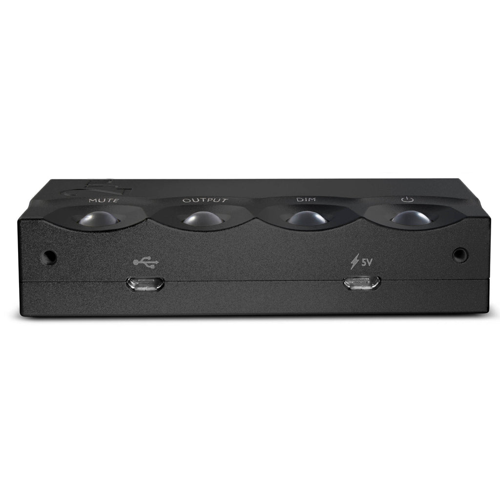 Front view of the Chord 2yu Music Streamer showing buttons and USB and power input ports on black casing