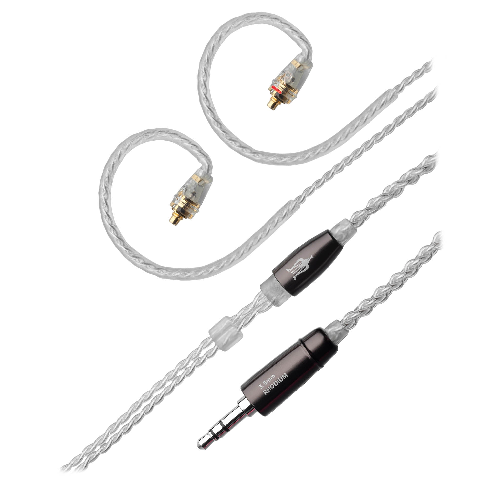 Meze MMCX Silver Plated Upgrade Cable for Rai Penta / Advar with braided silver-plated wires and metal connectors on white background