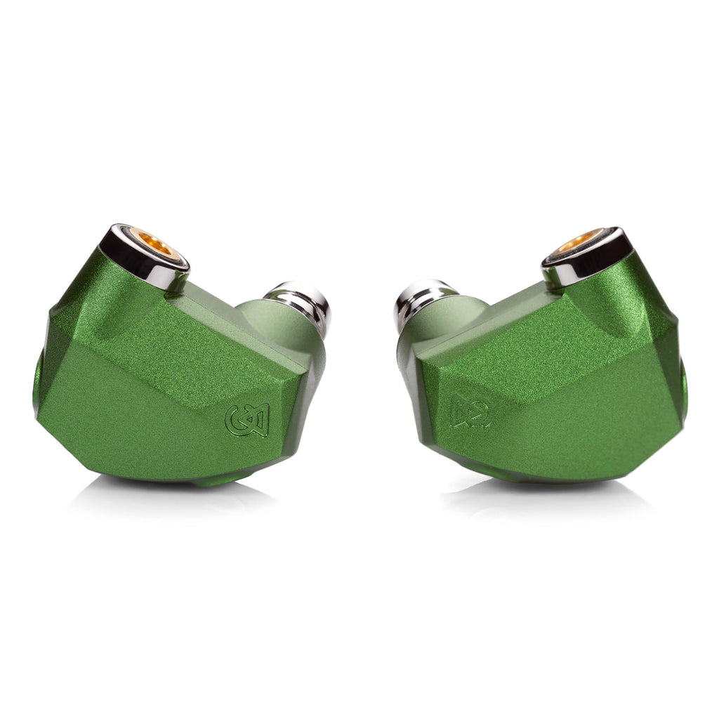 Campfire Andromeda ‘Emerald Sea’ green in ear monitors with angular design and silver accents on white background