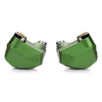 Campfire Andromeda ‘Emerald Sea’ green in ear monitors with angular design and silver accents on white background