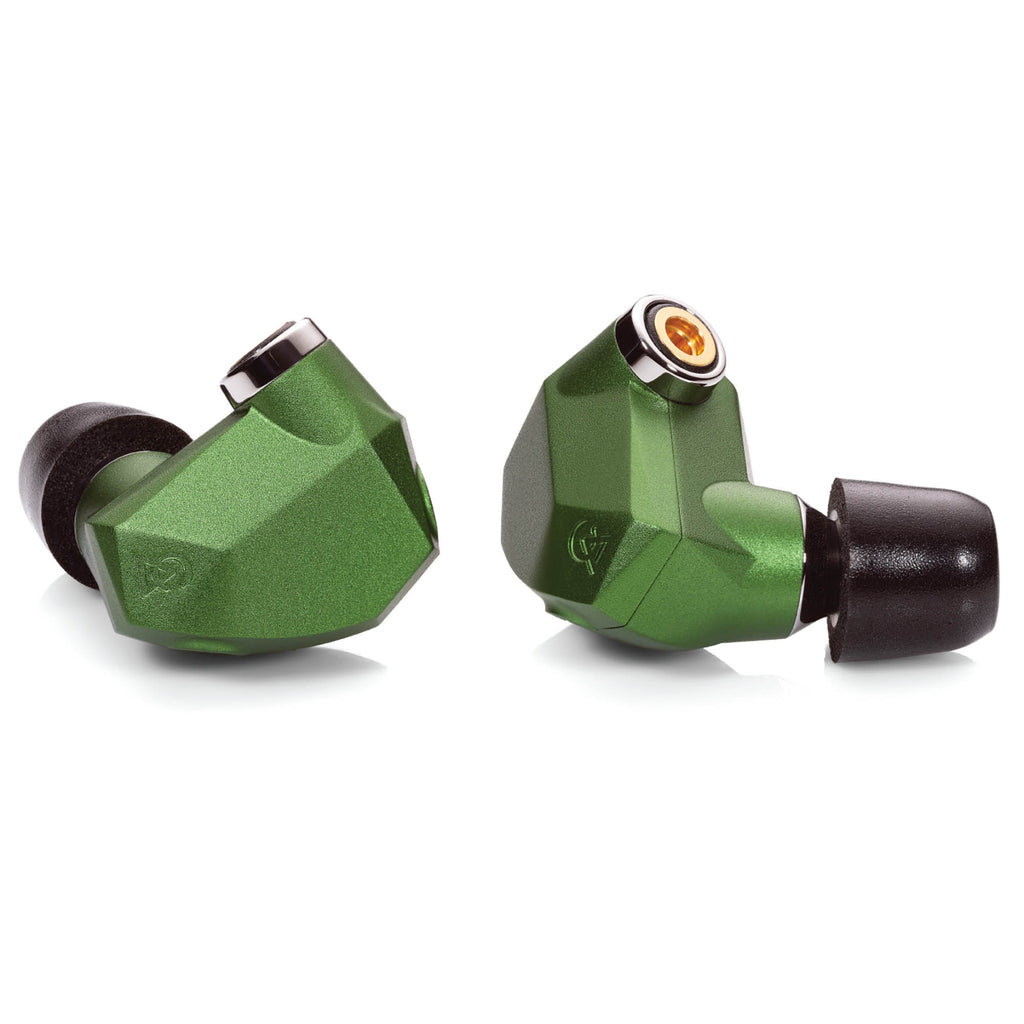 Campfire Andromeda ‘Emerald Sea’ in ear monitors with green angular housing and black ear tips on white background