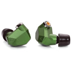 Campfire Andromeda ‘Emerald Sea’ in ear monitors with green angular housing and black ear tips on white background