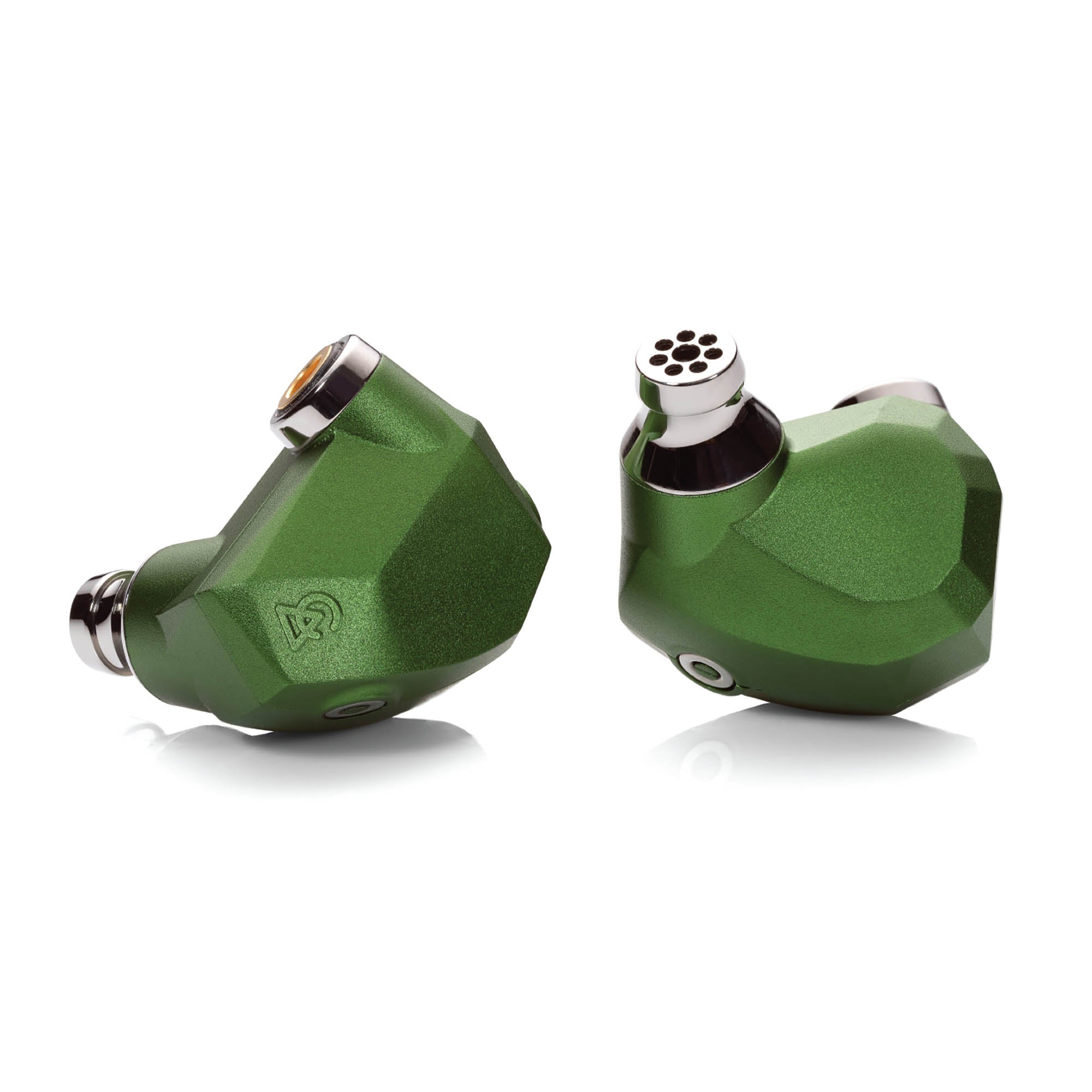 Campfire Andromeda ‘Emerald Sea’ in ear monitors with distinctive green finish and silver metal accents on white background