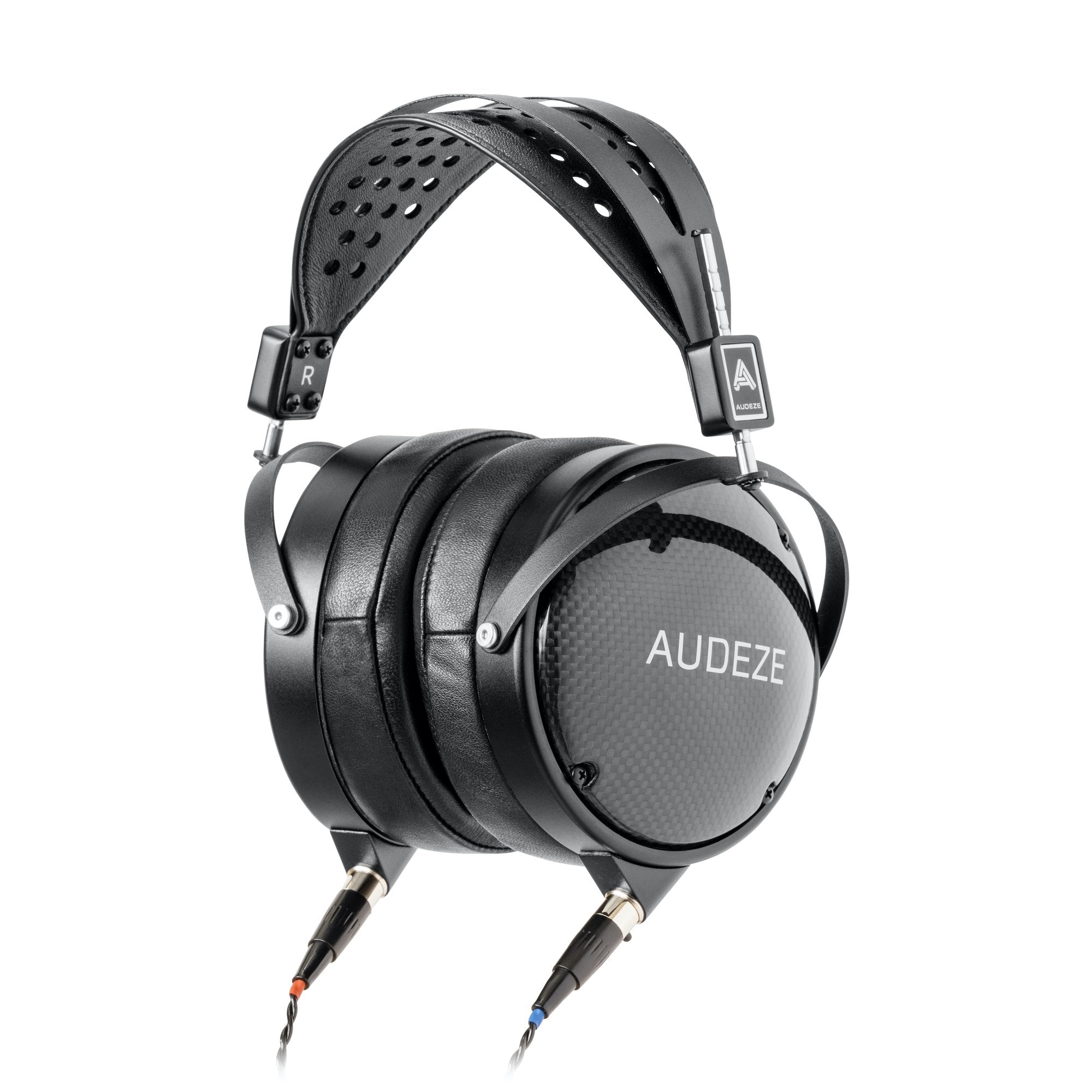 Audeze LCD-XC • Carbon closed-back headphones with carbon fiber ear cups and dual cables on white background