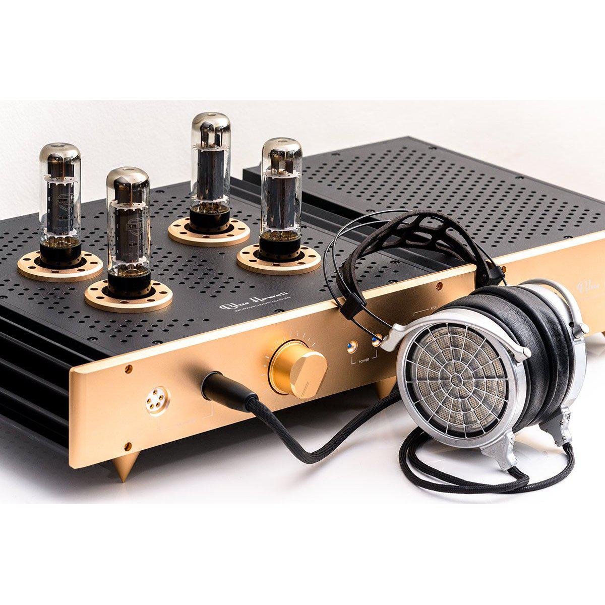 Dan Clark Audio VOCE open-back electrostatic headphones with detachable cable connected to HeadAmp Blue Hawaii SE electrostatic vacuum tube amplifier.