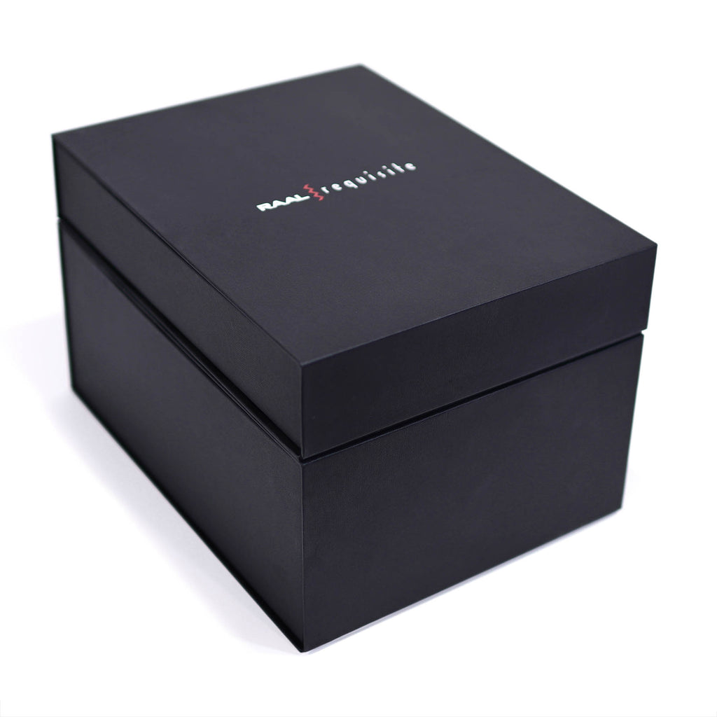 Black premium box with RAAL-requisite logo containing the RAAL-requisite CA-1a Circum-Aural Ribbon Headphone