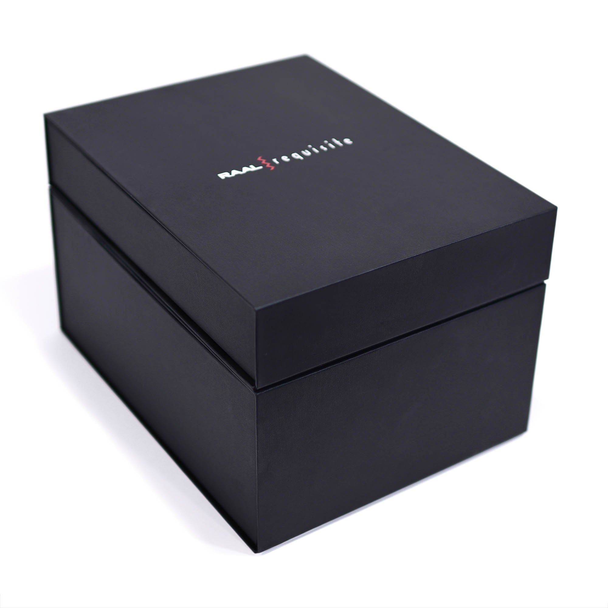 Black premium box with RAAL-requisite logo containing the RAAL-requisite CA-1a Circum-Aural Ribbon Headphone