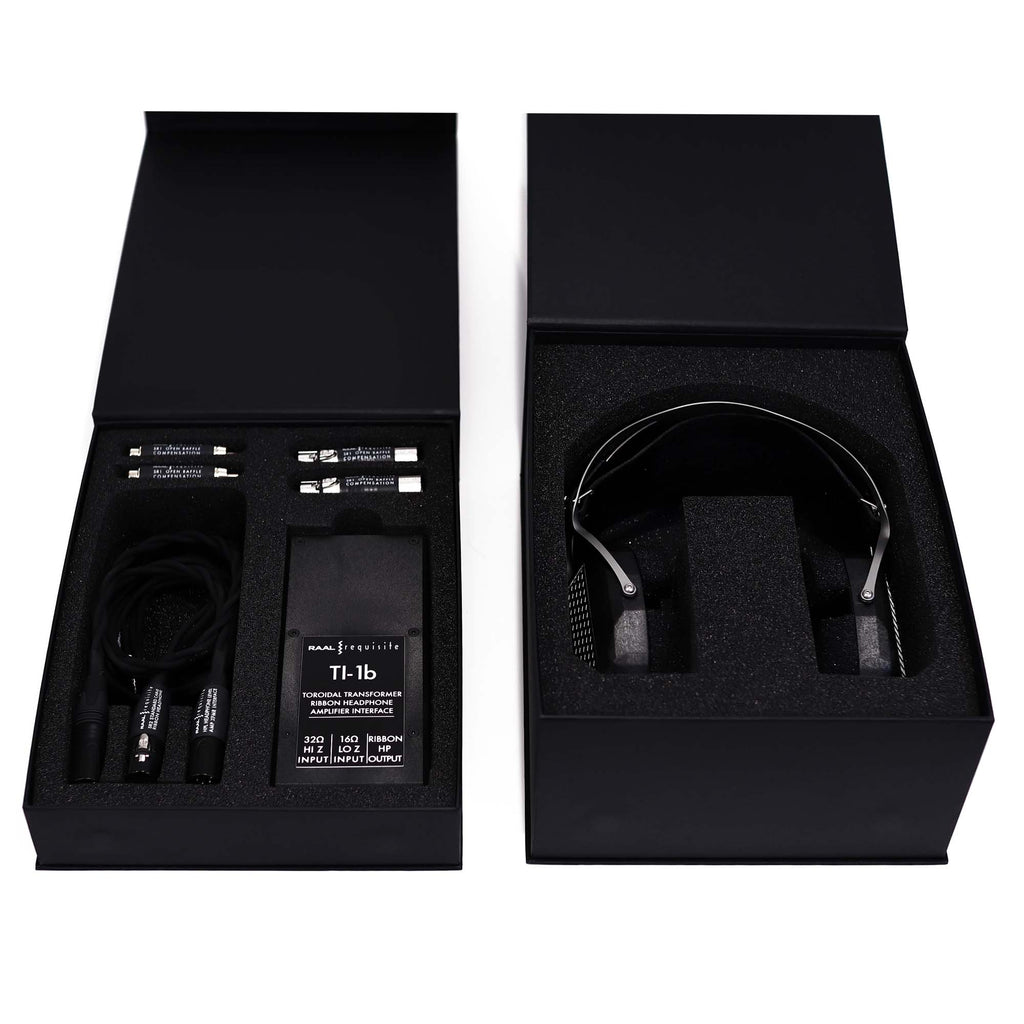 RAAL-requisite CA-1a Circum-Aural Ribbon Headphone with accessories in black protective packaging box on white background