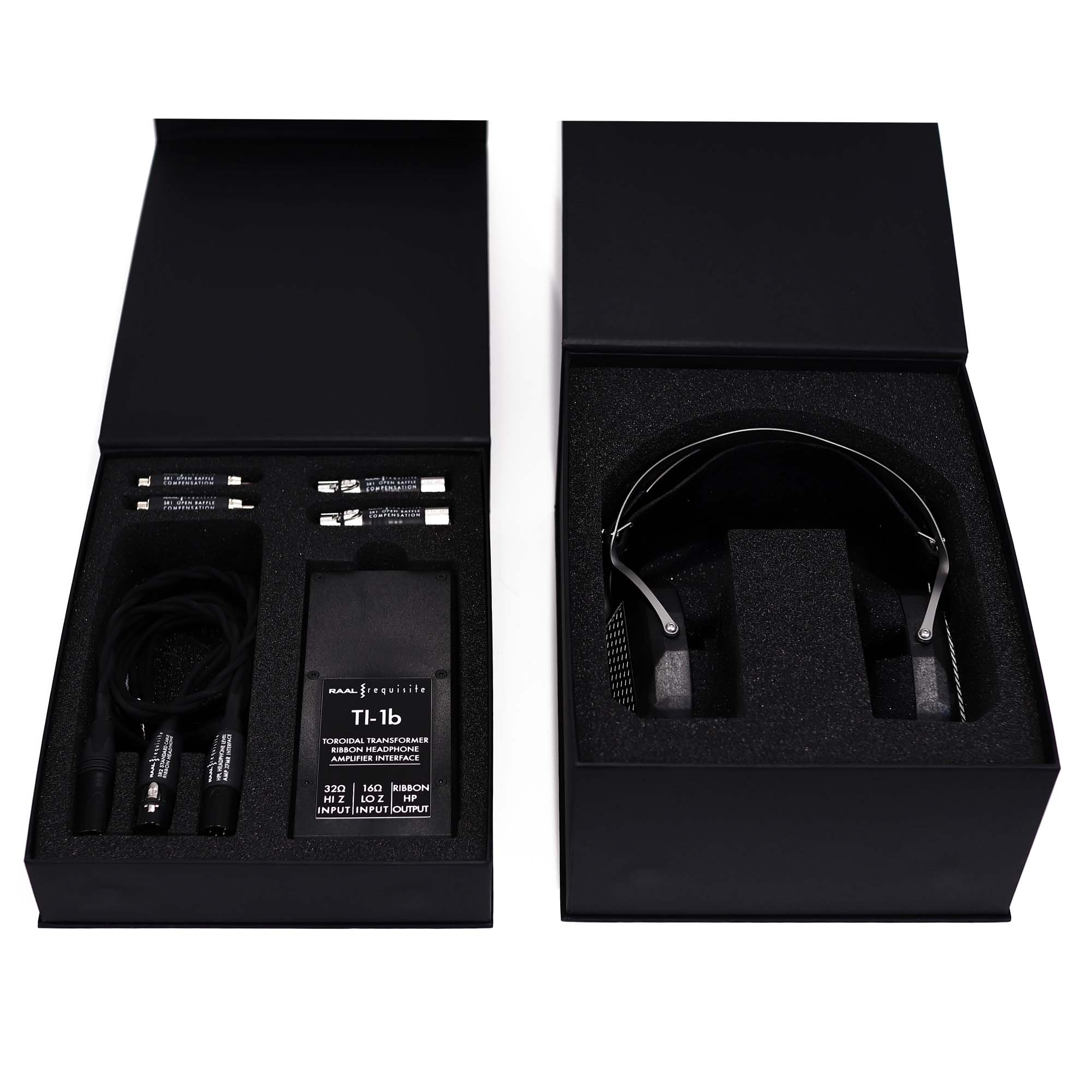 RAAL-requisite CA-1a Circum-Aural Ribbon Headphone with accessories in black protective packaging box on white background