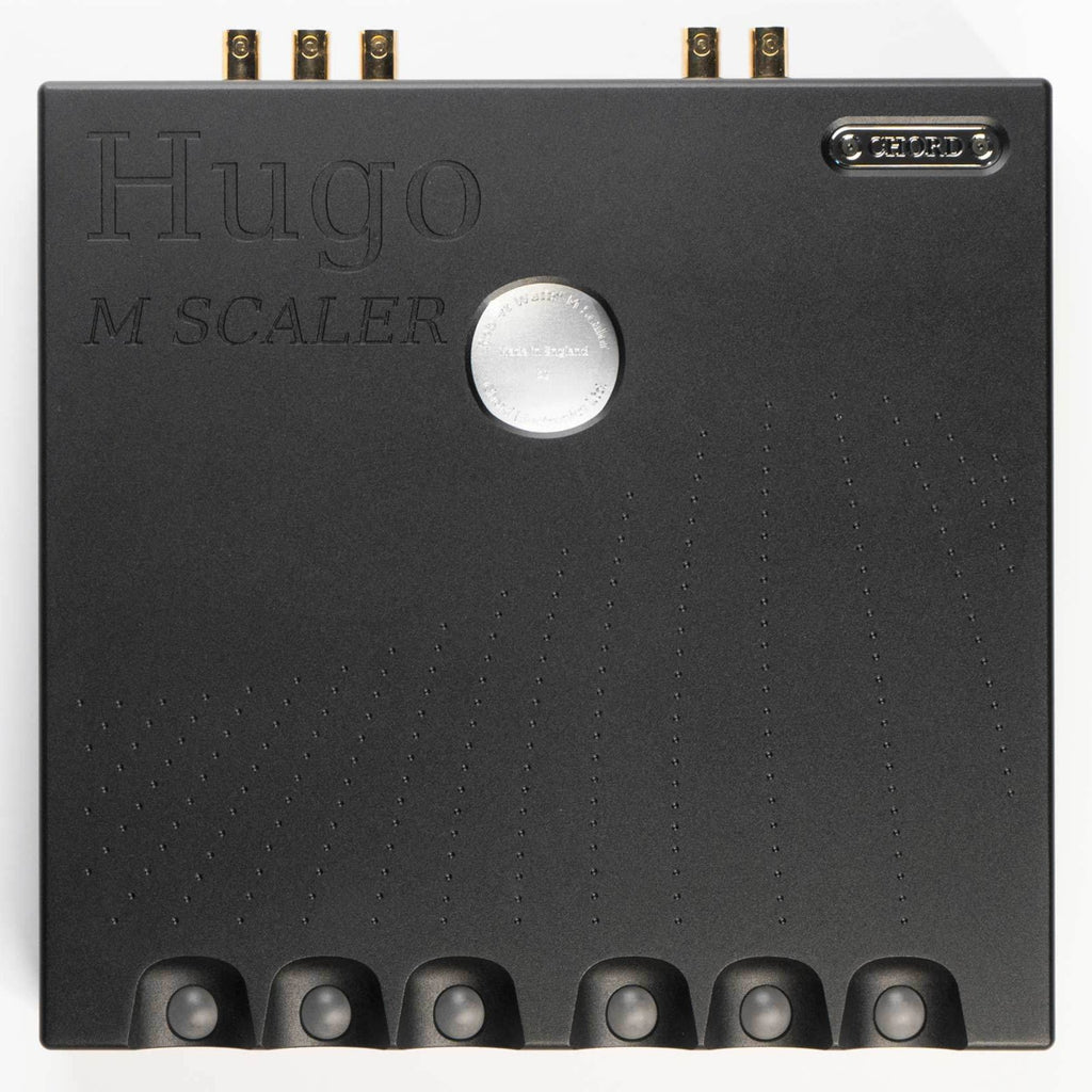 Top view of the Chord Hugo M Scaler Digital Upscaling Device showing inputs and engraved branding on black casing