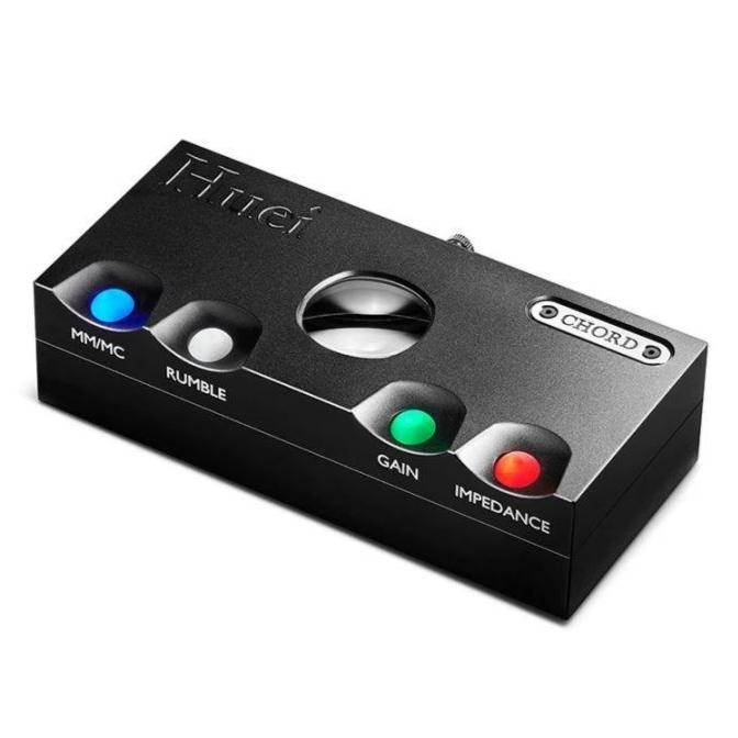Chord Huei Phono Preamplifier with illuminated buttons for MM/MC, rumble, gain, and impedance controls on black chassis