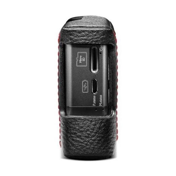 Side view of Chord Mojo / Poly Premium Leather Case showing microSD and USB ports on black device