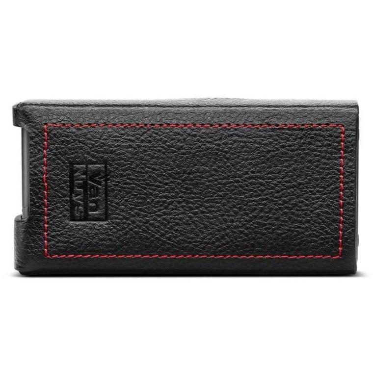 Black textured leather Chord Mojo / Poly Premium Leather Case with red stitching and cutout on white background