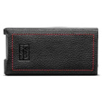 Black textured leather Chord Mojo / Poly Premium Leather Case with red stitching and cutout on white background