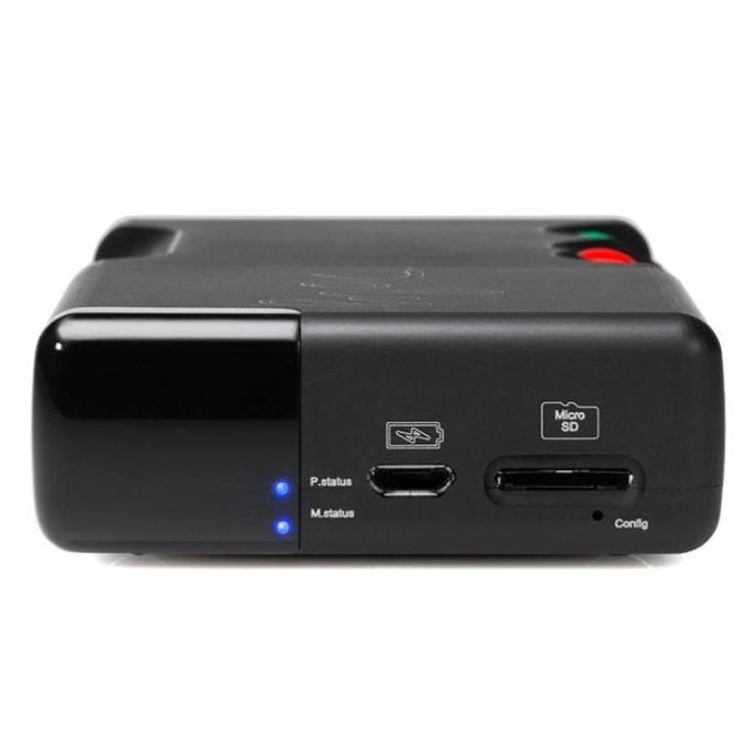 Close-up of the Chord Poly Wireless Music Streamer showing micro USB port, micro SD slot, and blue status LEDs on white background