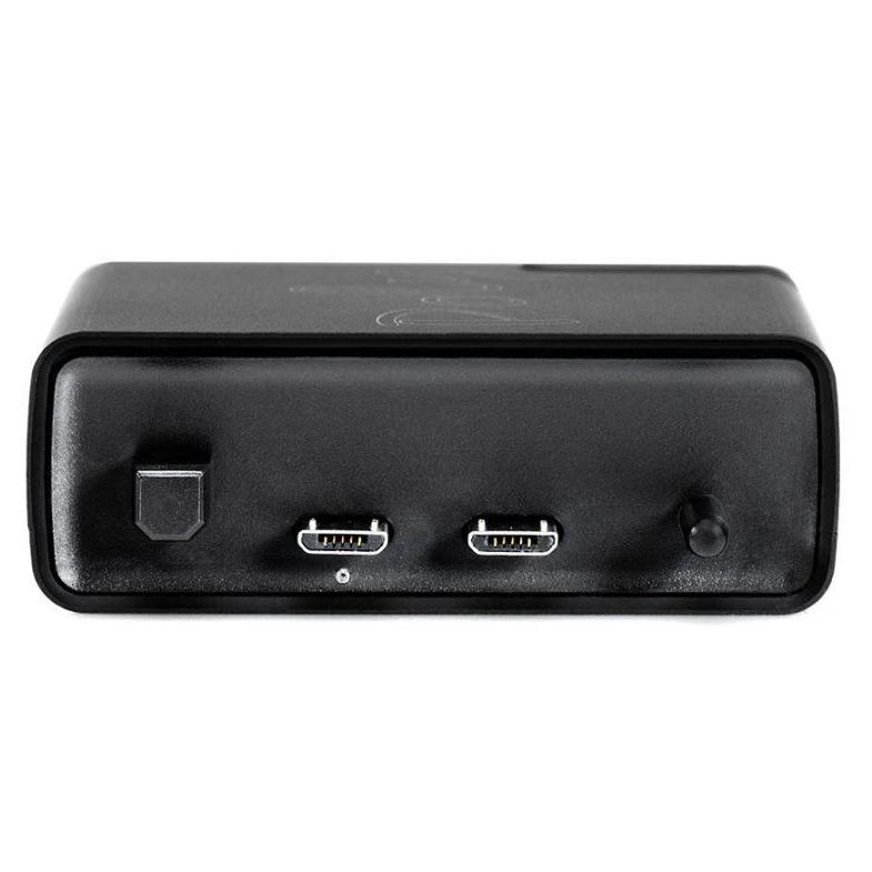 Rear view of the black Chord Poly Wireless Music Streamer showing two USB ports and power button on white background
