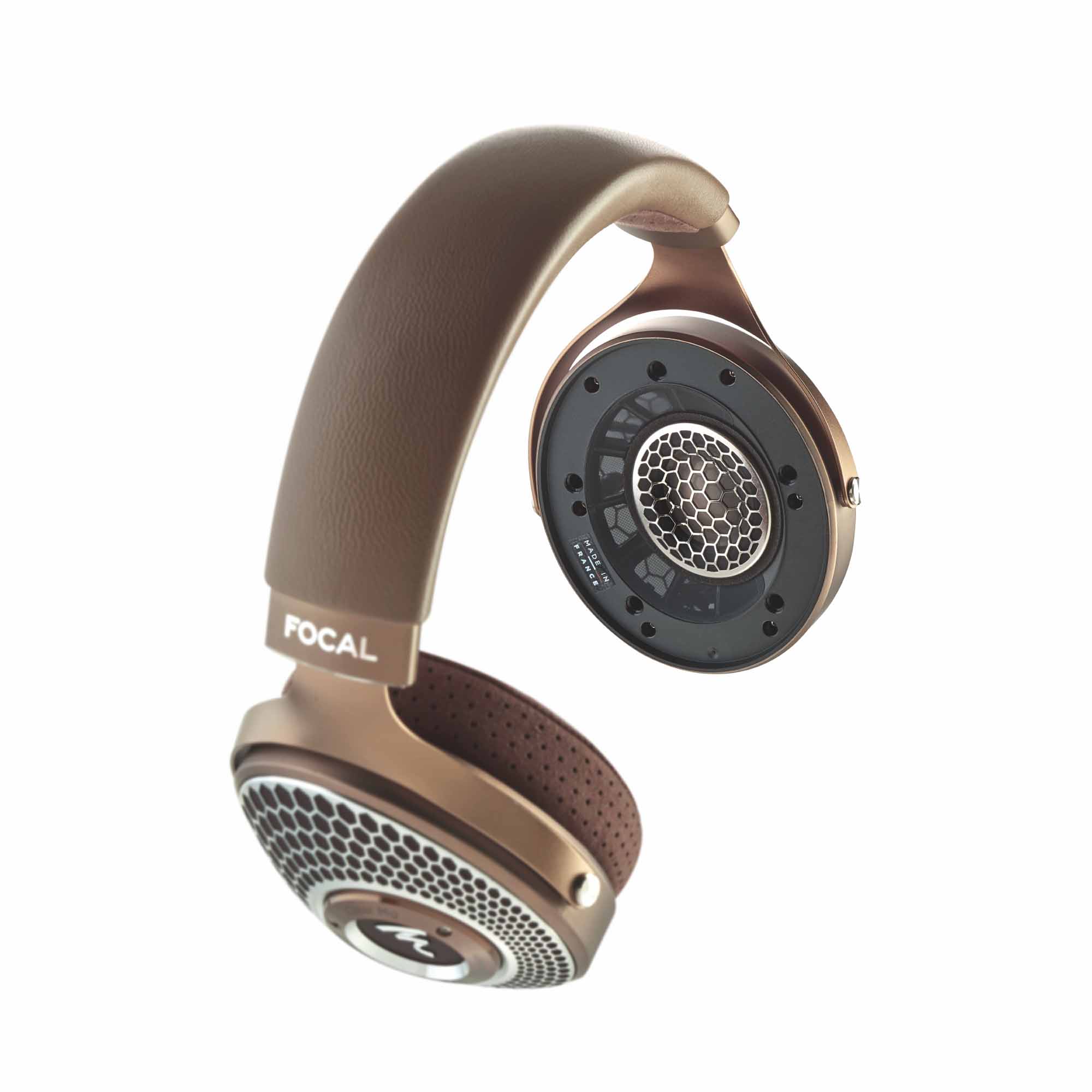 Focal Clear MG Open-Back Headphone with brown leather headband and open grille ear cups shown on white background