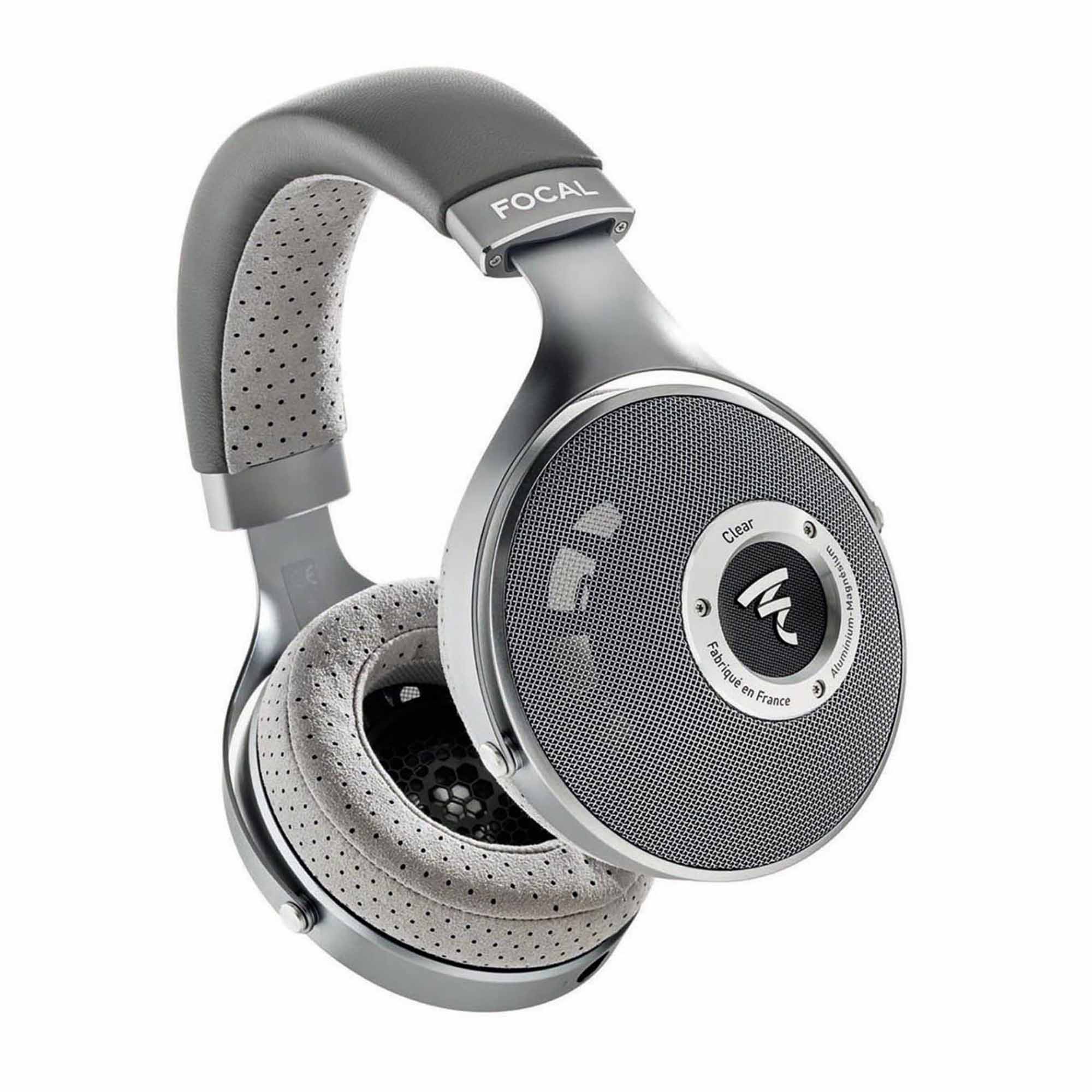 Focal Clear Open-Back Dynamic Headphones angled view showing perforated ear pads and metallic grille design on white background