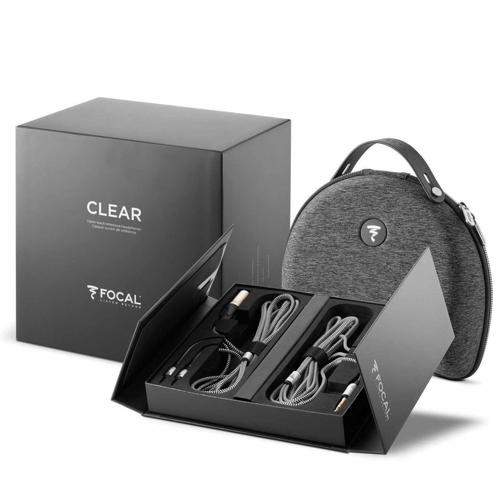 Focal Clear Open-Back Dynamic Headphones packaging with carrying case and detachable cables on white background