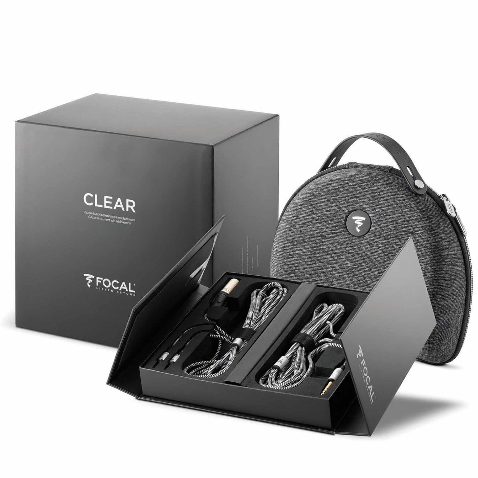 Focal Clear Open-Back Dynamic Headphones packaging with carrying case and detachable cables on white background