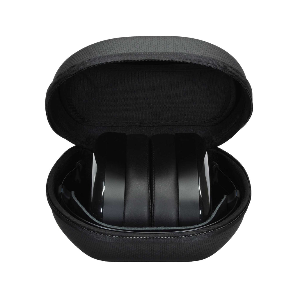 Dan Clark Audio AEON 2 Noire closed-back headphones folded inside a black carrying case on white background