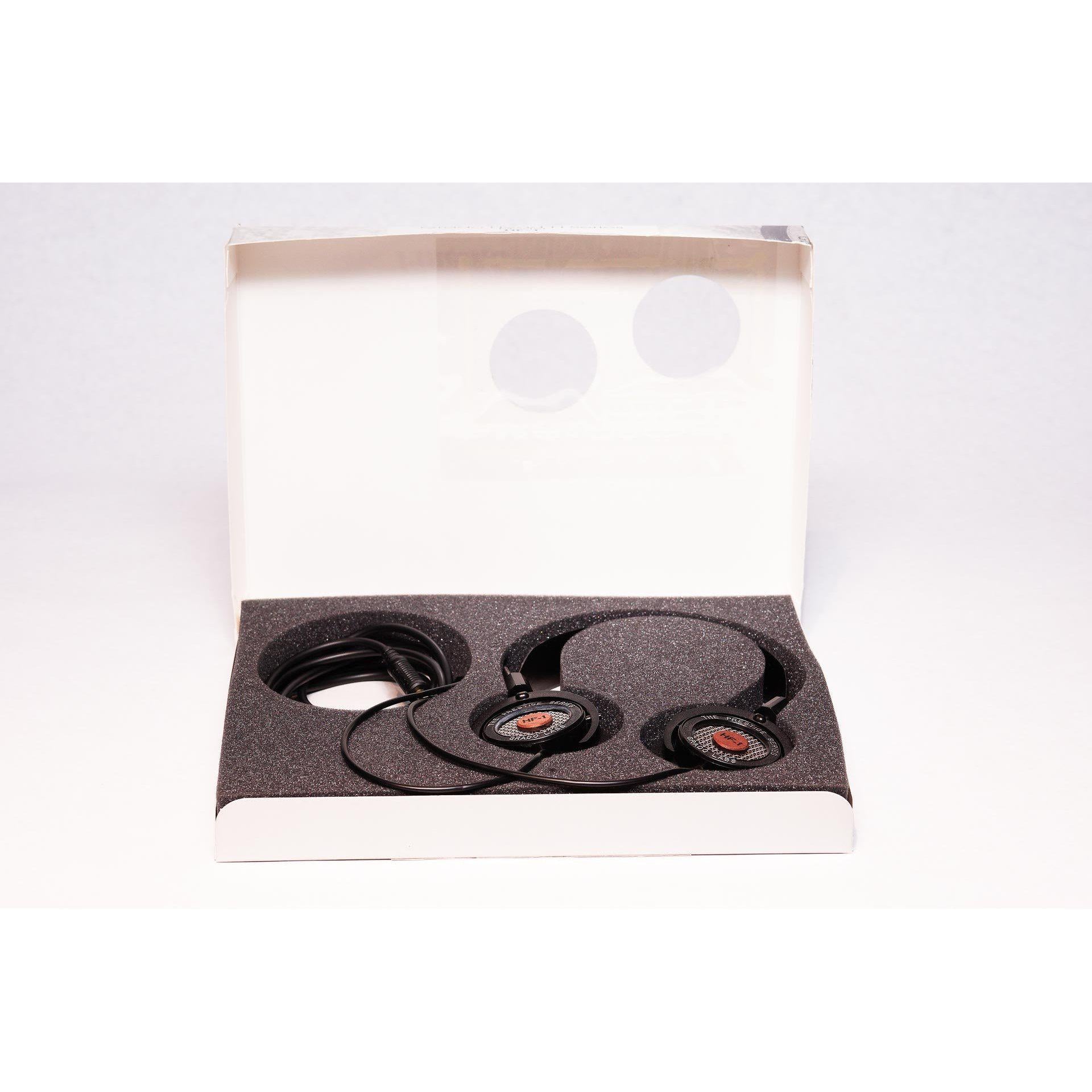 Grado HF-1 Limited Edition Headphone in original packaging with black foam insert and coiled cable on white background