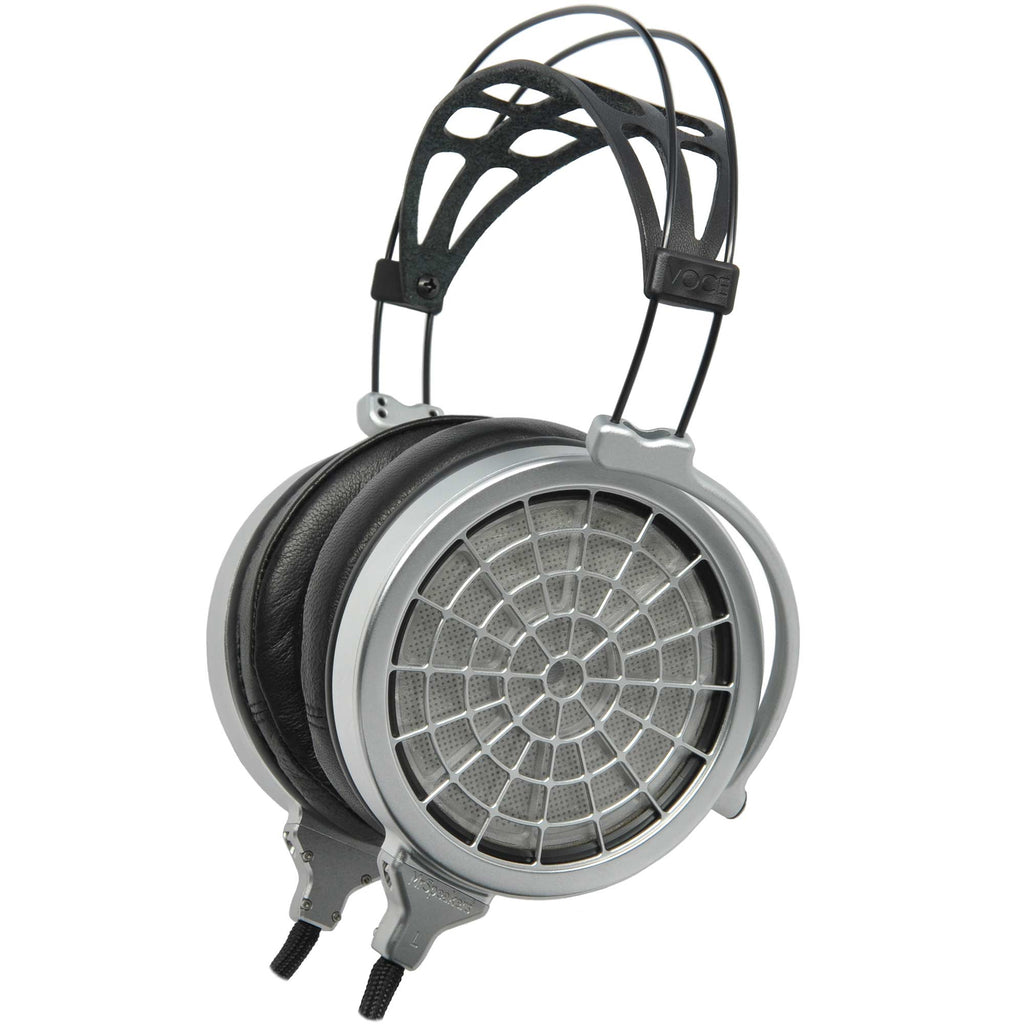 Dan Clark Audio VOCE open-back electrostatic headphones with detachable cable and large ear cups in silver and black design