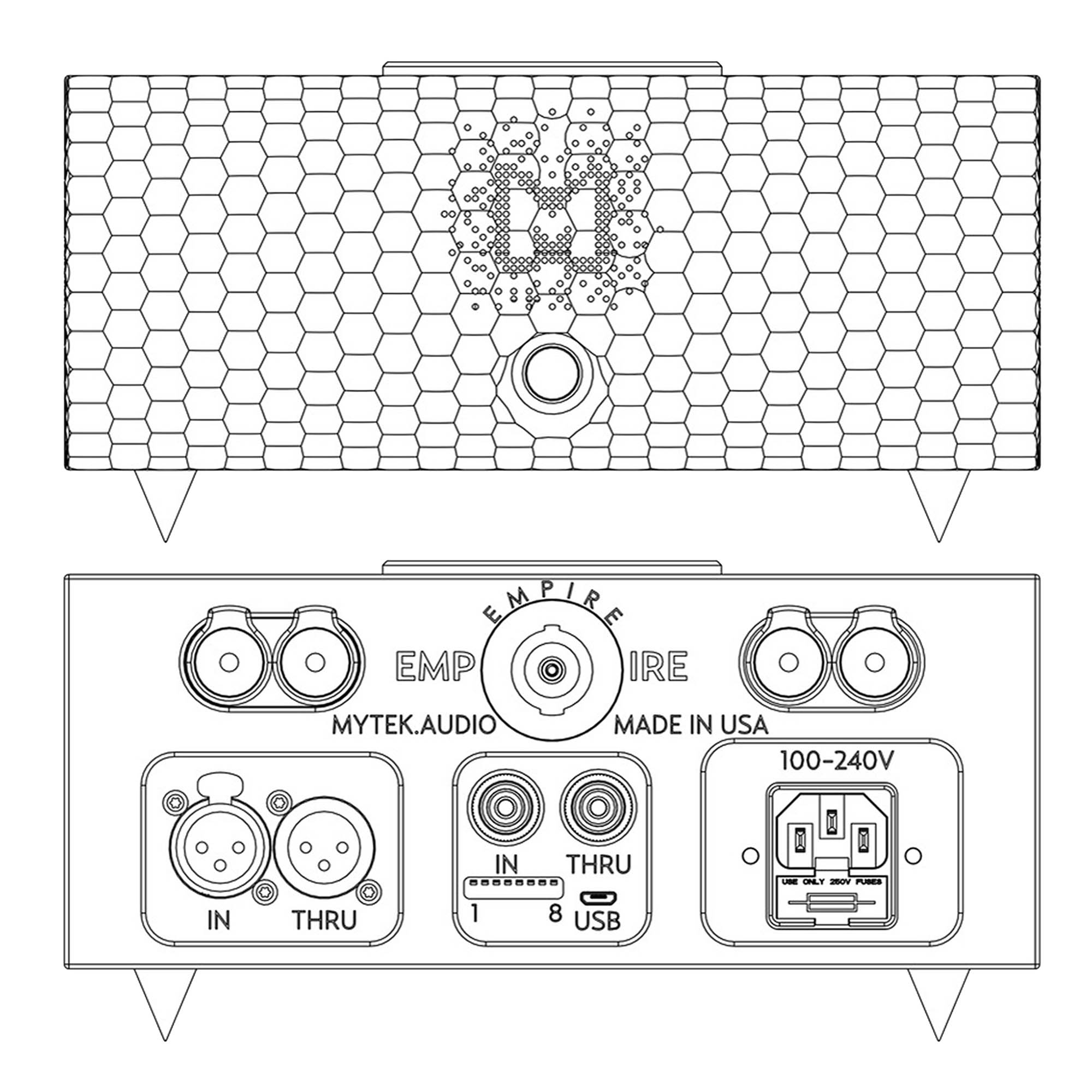 Top and rear line drawing of Mytek Empire Monoblocks showing connectors, power input, and logo on textured surface