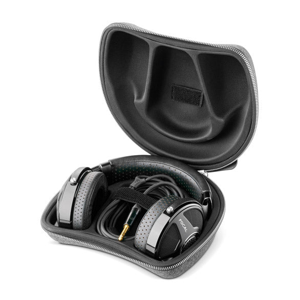 Open Focal Hard-Shell Headphone Carrying Case with Focal headphones and coiled cable inside on white background
