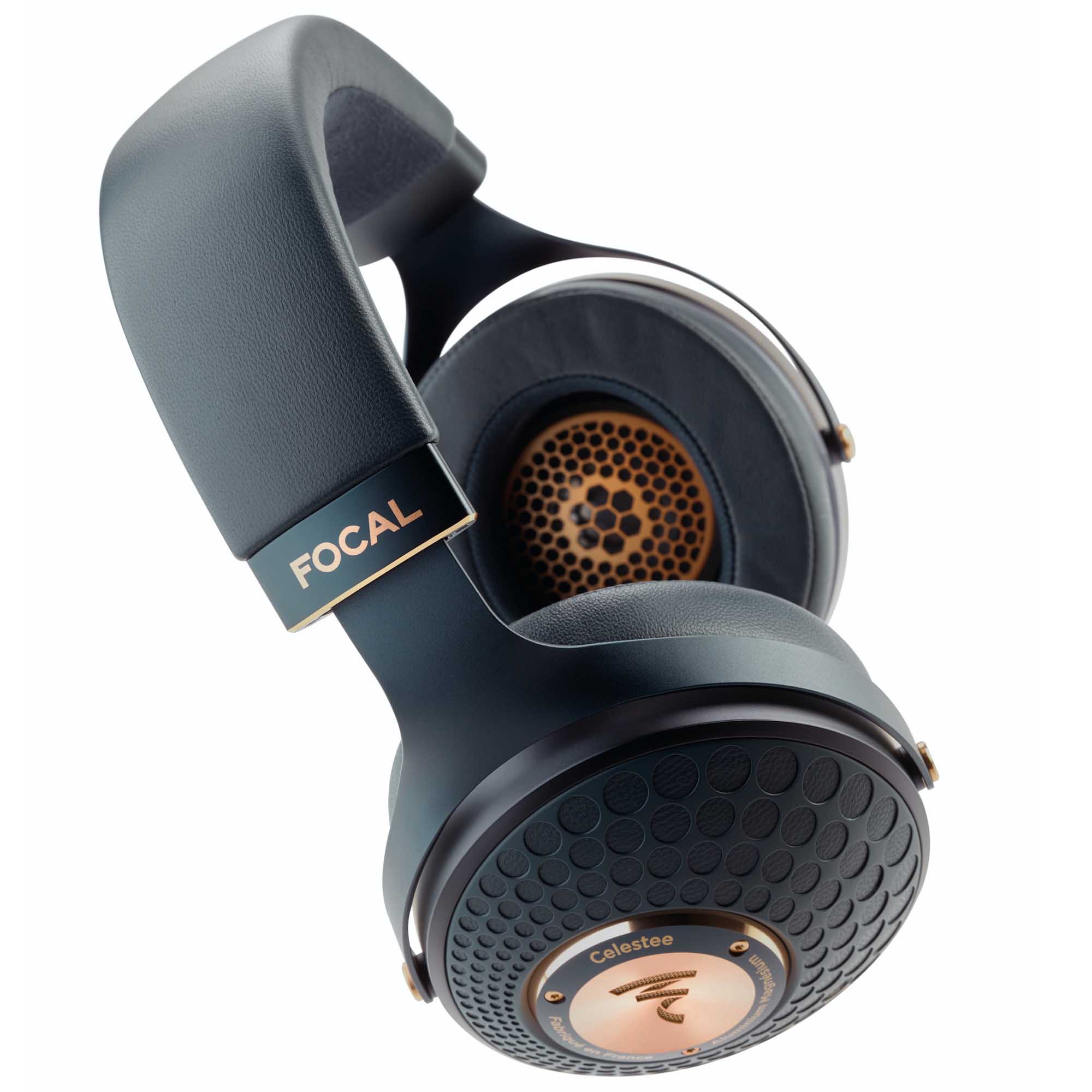 Focal Celestee Closed-Back Headphone showing leather headband and textured ear cups with copper accents on white background