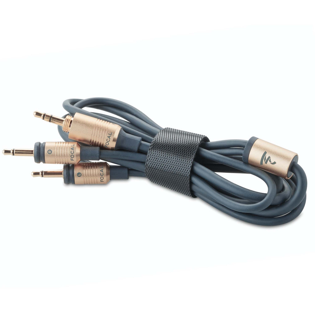 Focal Celestee Closed-Back Headphone replacement audio cable with gold-plated connectors and braided black strap on white background