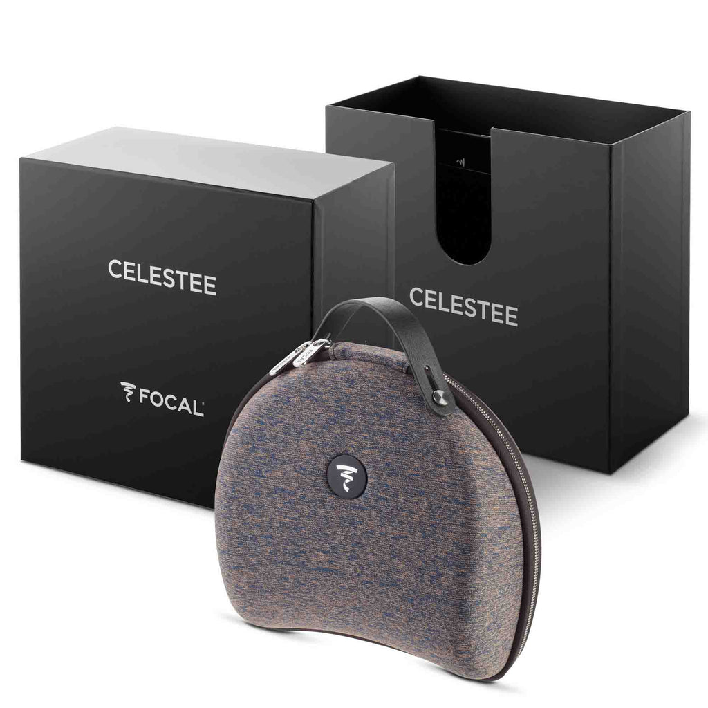 Focal Celestee Closed-Back Headphone carrying case with top handle beside black Celestee branded packaging boxes