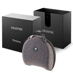Focal Celestee Closed-Back Headphone carrying case with top handle beside black Celestee branded packaging boxes