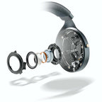 Exploded view of Focal Celestee Closed-Back Headphone showing internal driver components and ear cup design