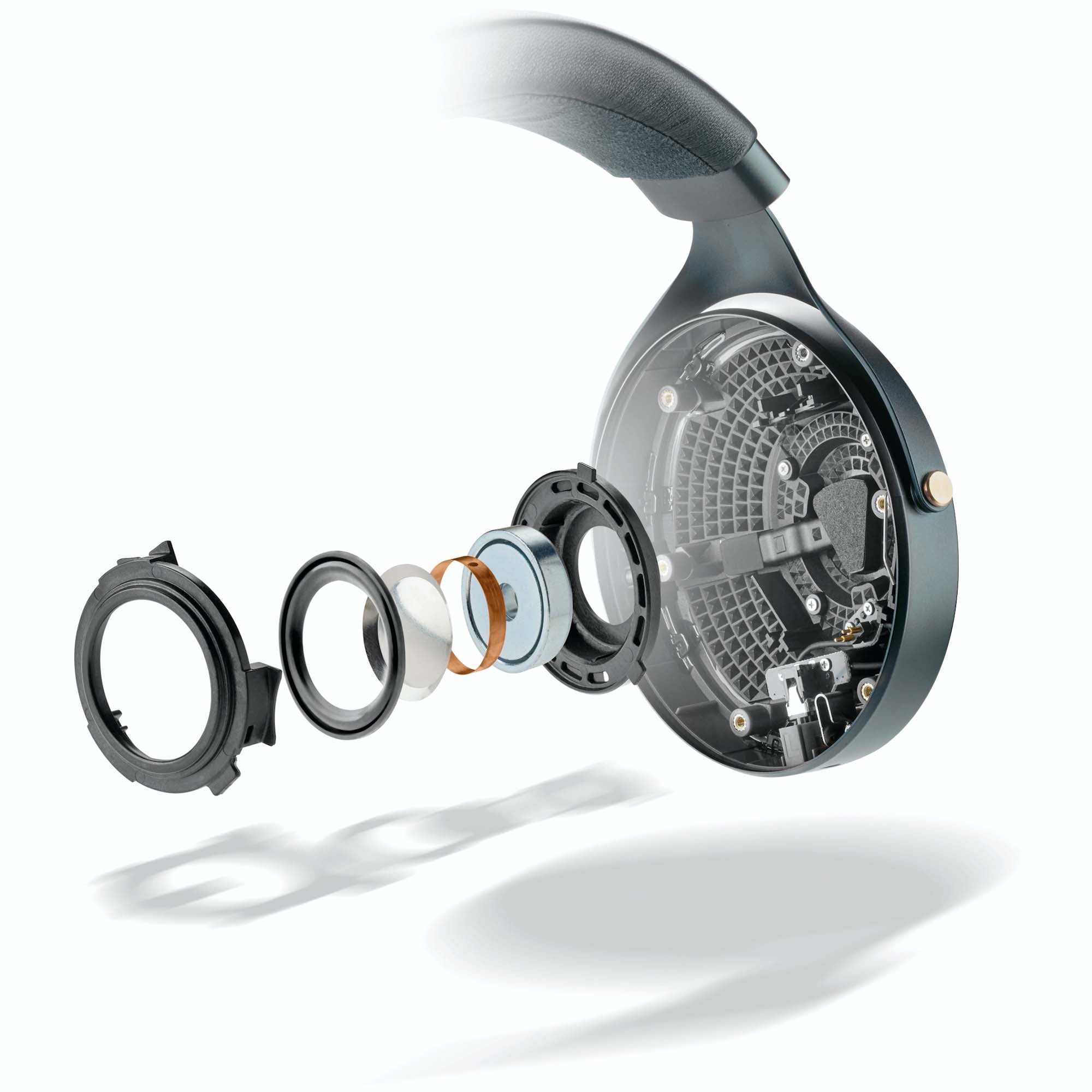 Exploded view of Focal Celestee Closed-Back Headphone showing internal driver components and ear cup design
