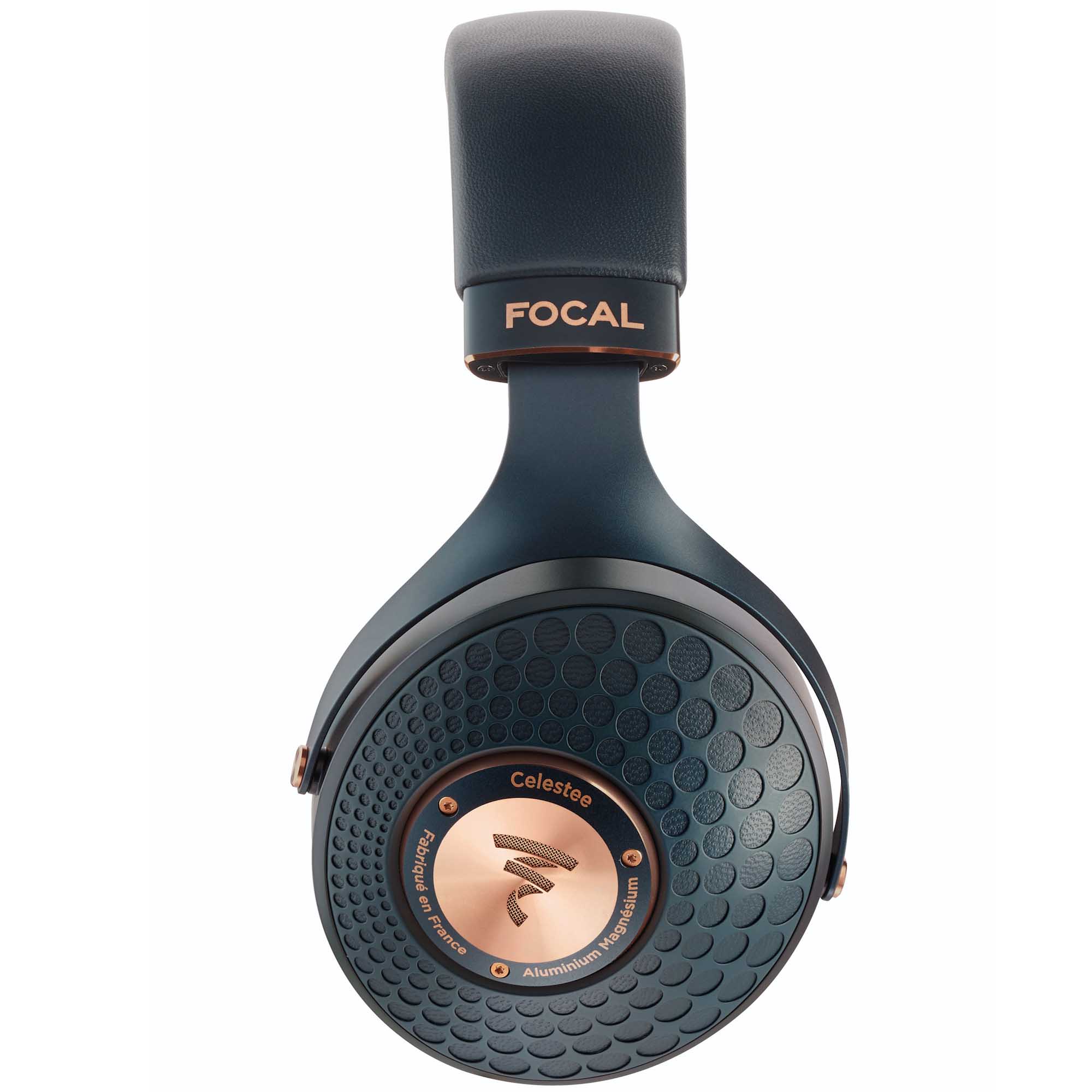 Focal Celestee Closed-Back Headphone showing textured ear cup with metallic accents and cushioned headband on white background