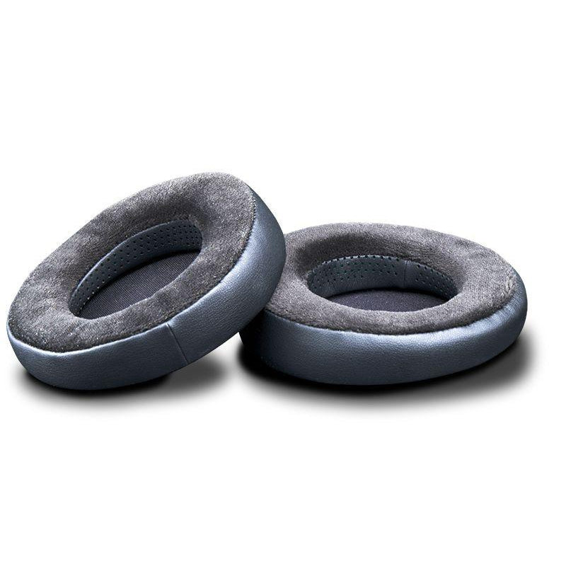 Gray velour ear pads by HIFIMAN, shown in a pair with perforated interior and faux leather exterior.