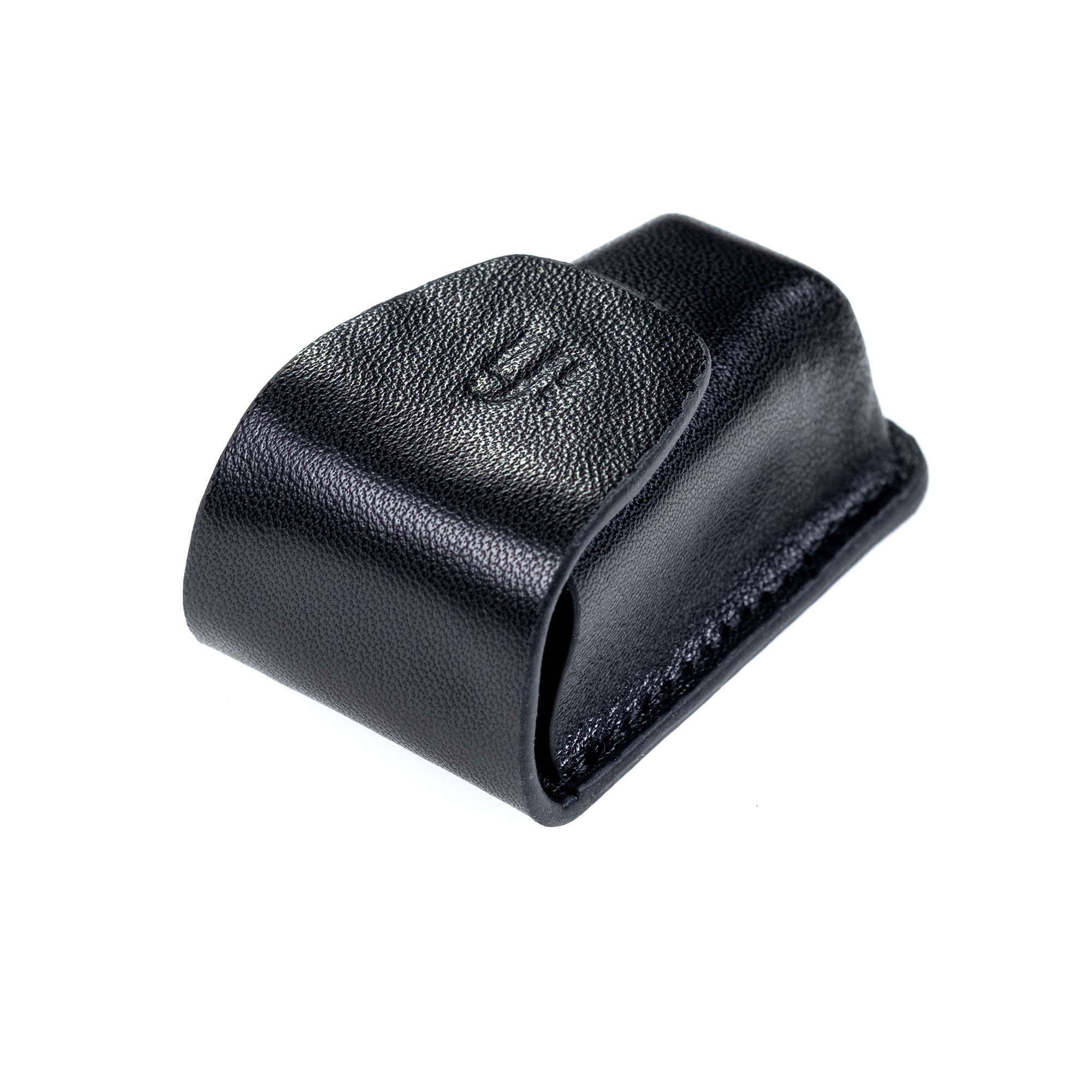 Black leather carrying case for the iFi Audio GO bar Ultraportable USB DAC/Amp with embossed logo on white background