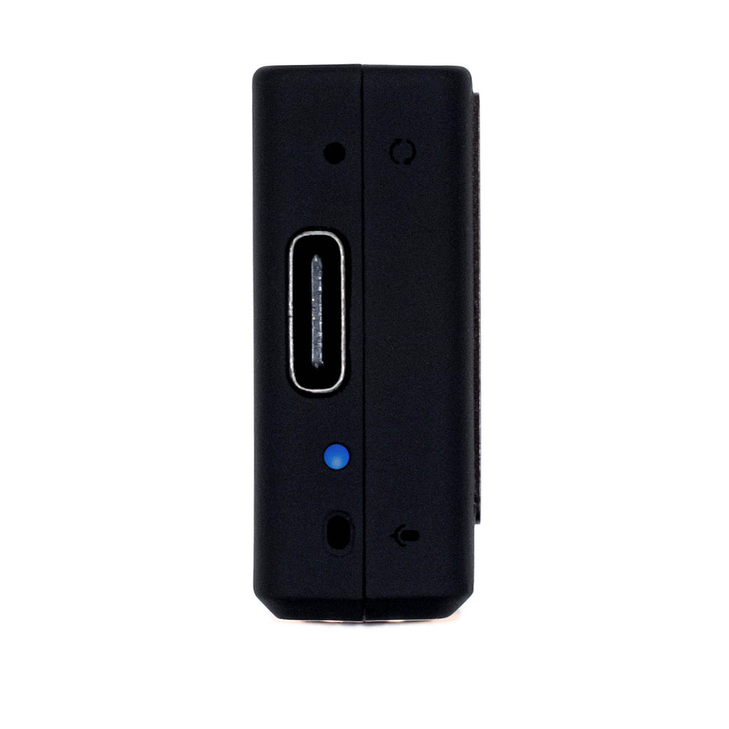 iFi Audio GO blu Pocket BT DAC/Amp close-up showing USB-C port and indicator light on black device side panel