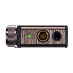 iFi Audio GO blu Pocket BT DAC/Amp showing optical input, headphone jack, and illuminated green LED light on white background