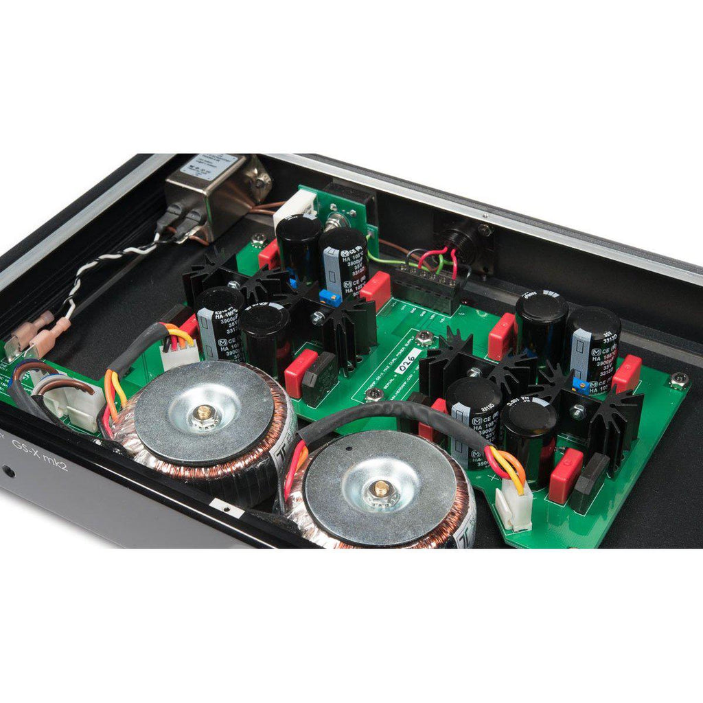 Internal view of the HeadAmp GS-X mk2 Balanced Headphone Amplifier / Pre-Amplifier showing circuit board and components inside the case
