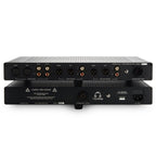 Rear view of HeadAmp GS-X mk2 Balanced Headphone Amplifier / Pre-Amplifier showing input and output connections on black chassis